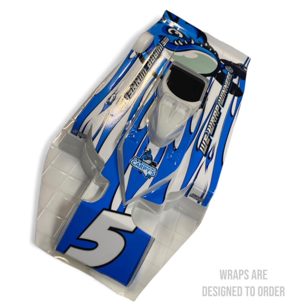 Blue and white racing wrap with number 5 on a white background