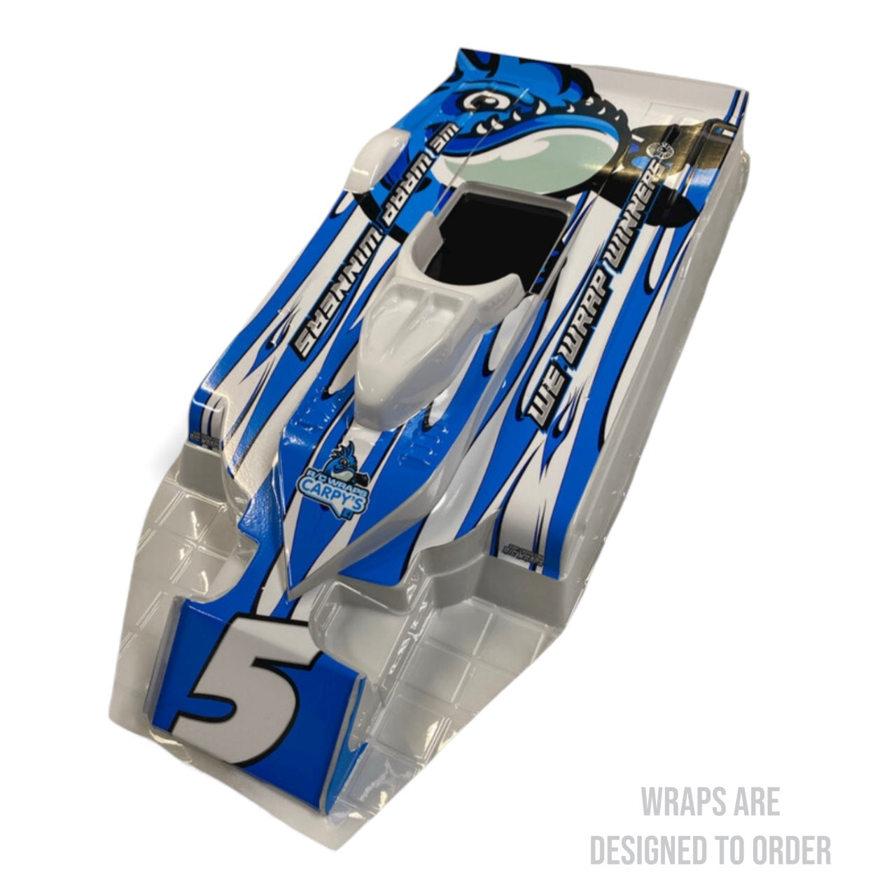 Blue and white racing wrap design on a clear background