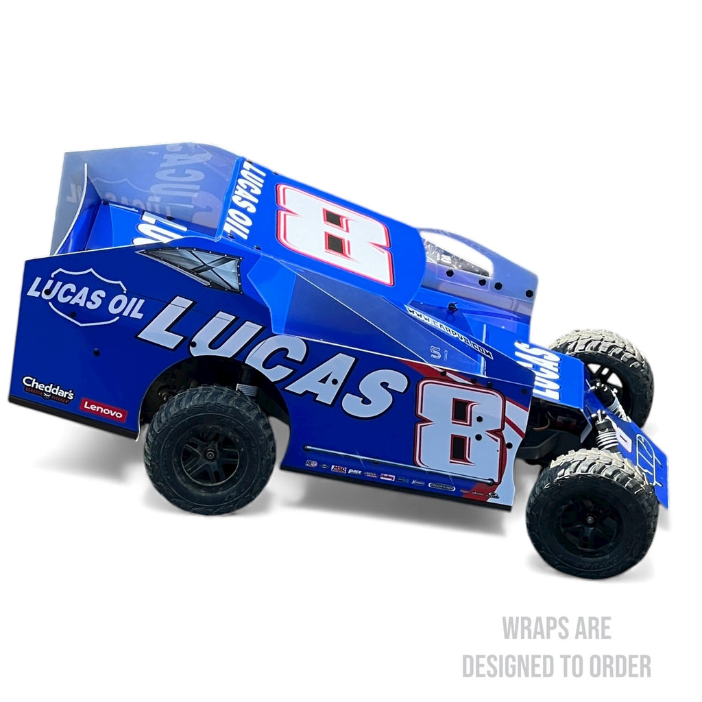 Blue RC Car with 'Lucas Oil' and number '8' branding on a white background