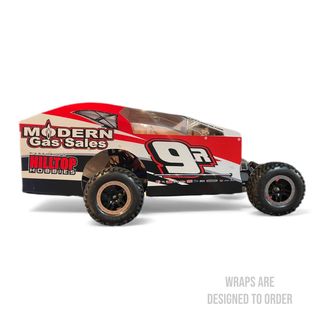 RC vehicle with 'Modern Gas Sales' and 'Hilltop Hobbies' branding on a white background.