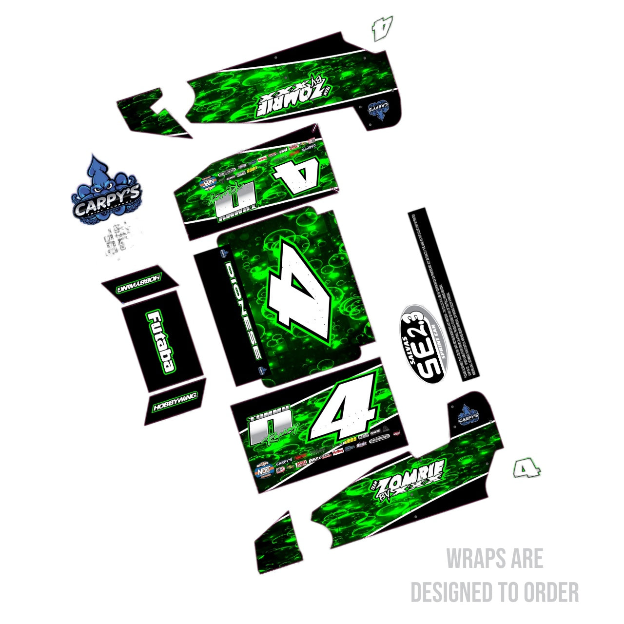 Green and black vehicle wrap design with various brand logos on a white background