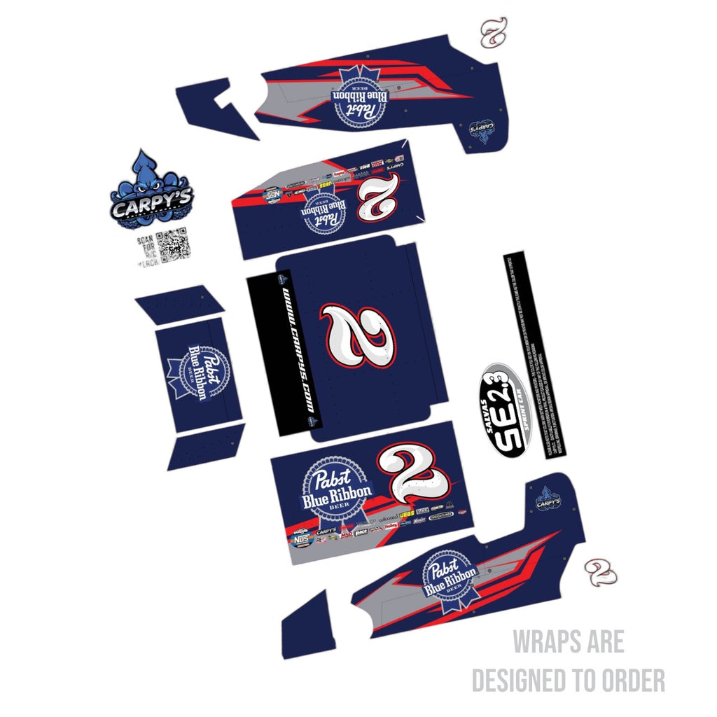 Collection of customizable vehicle wraps with logos on a white background