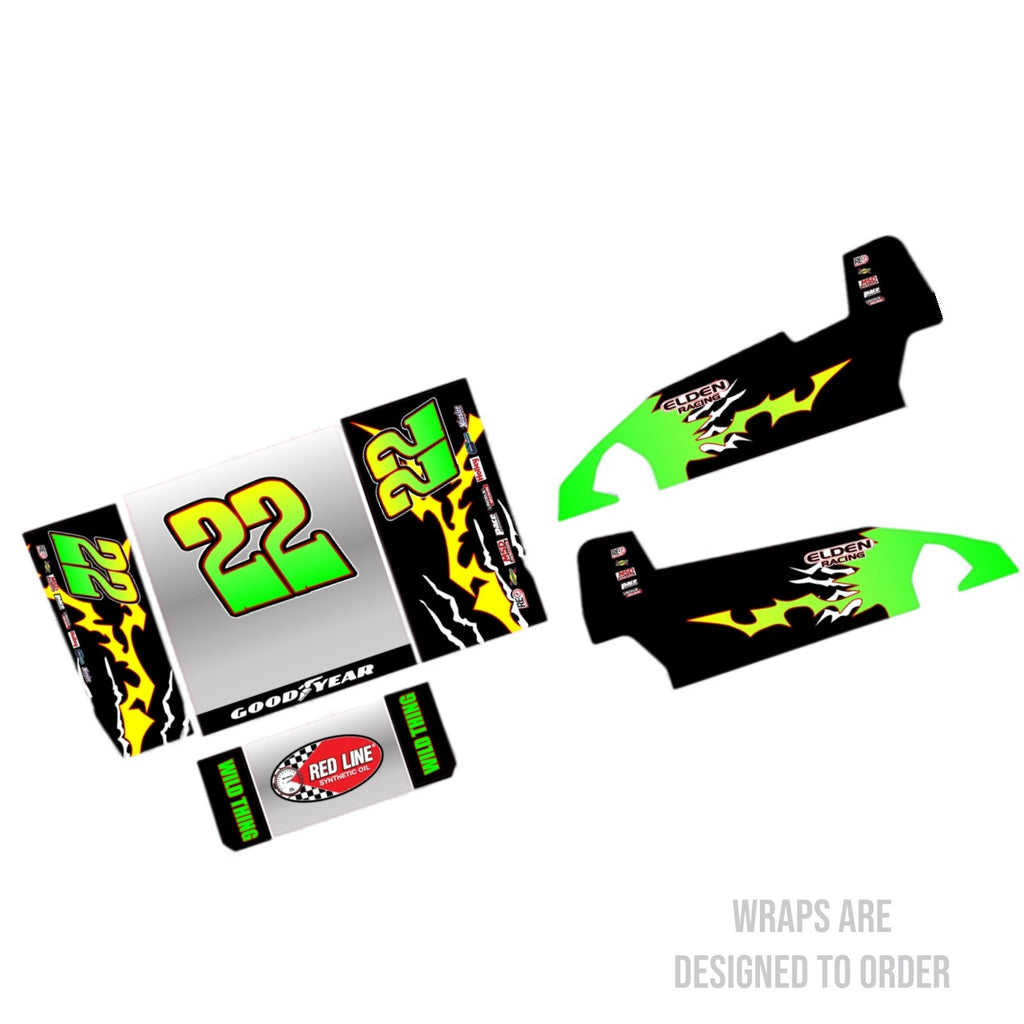 RC decals with green, black, and yellow design on a white background
