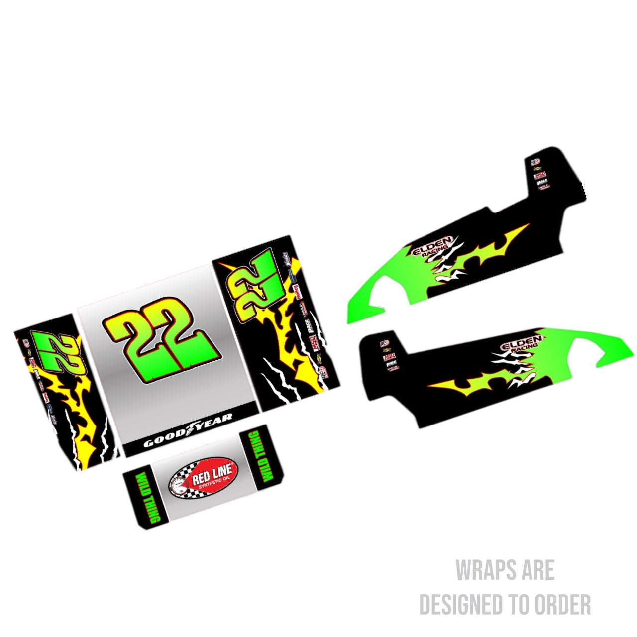 RC decals with green, black, and yellow design on a white background