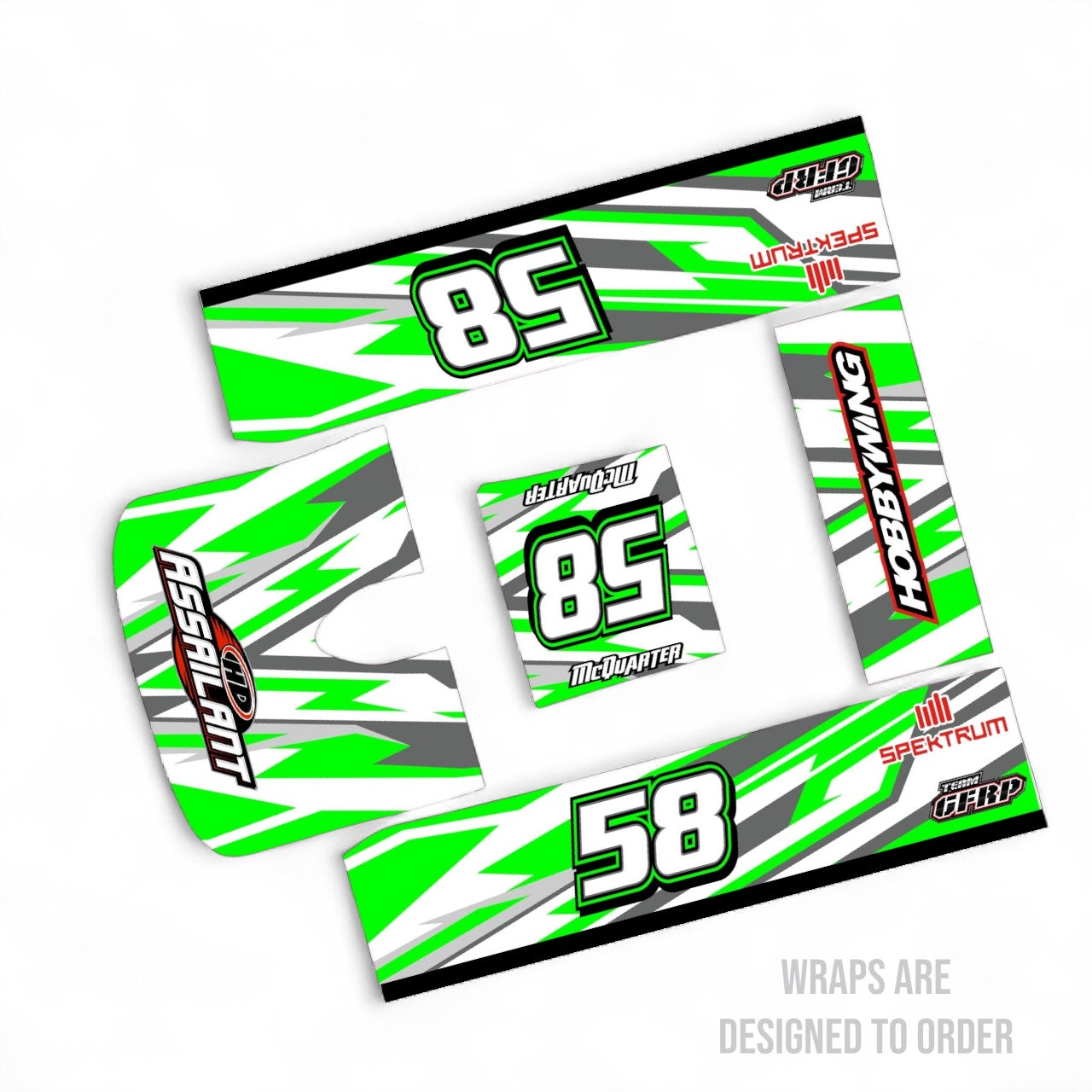 RC CAR wrap design with numbers and branding on a white background