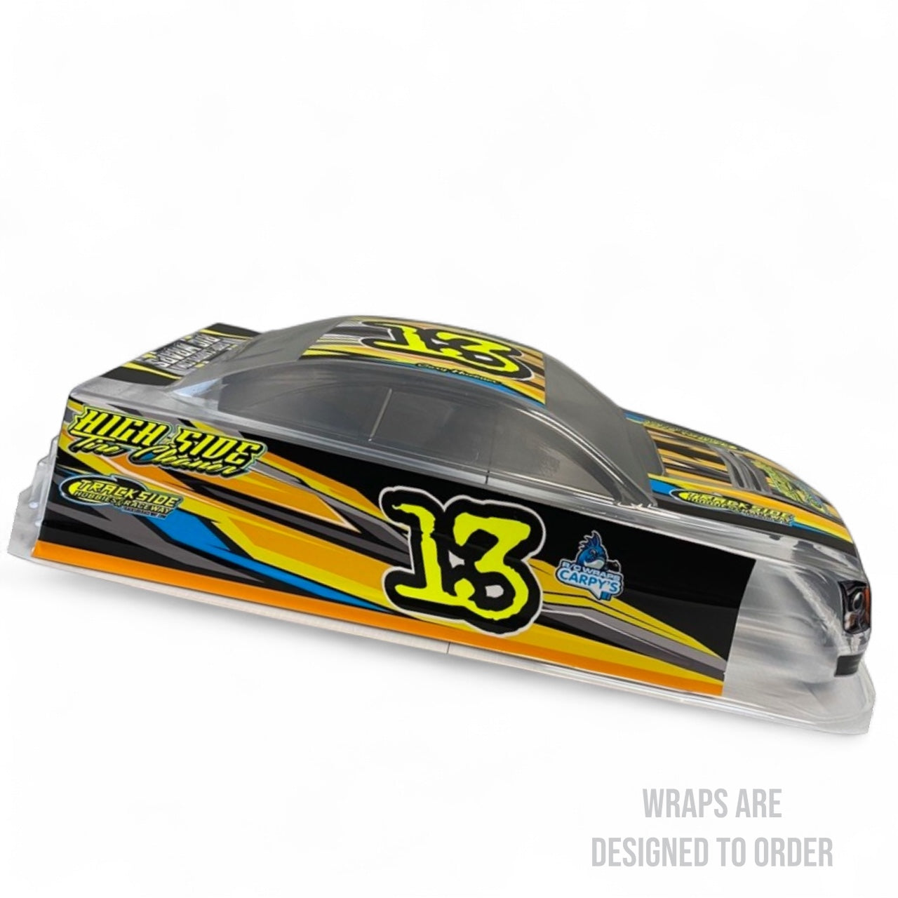 RC car body with colorful design and number 13 on a white background