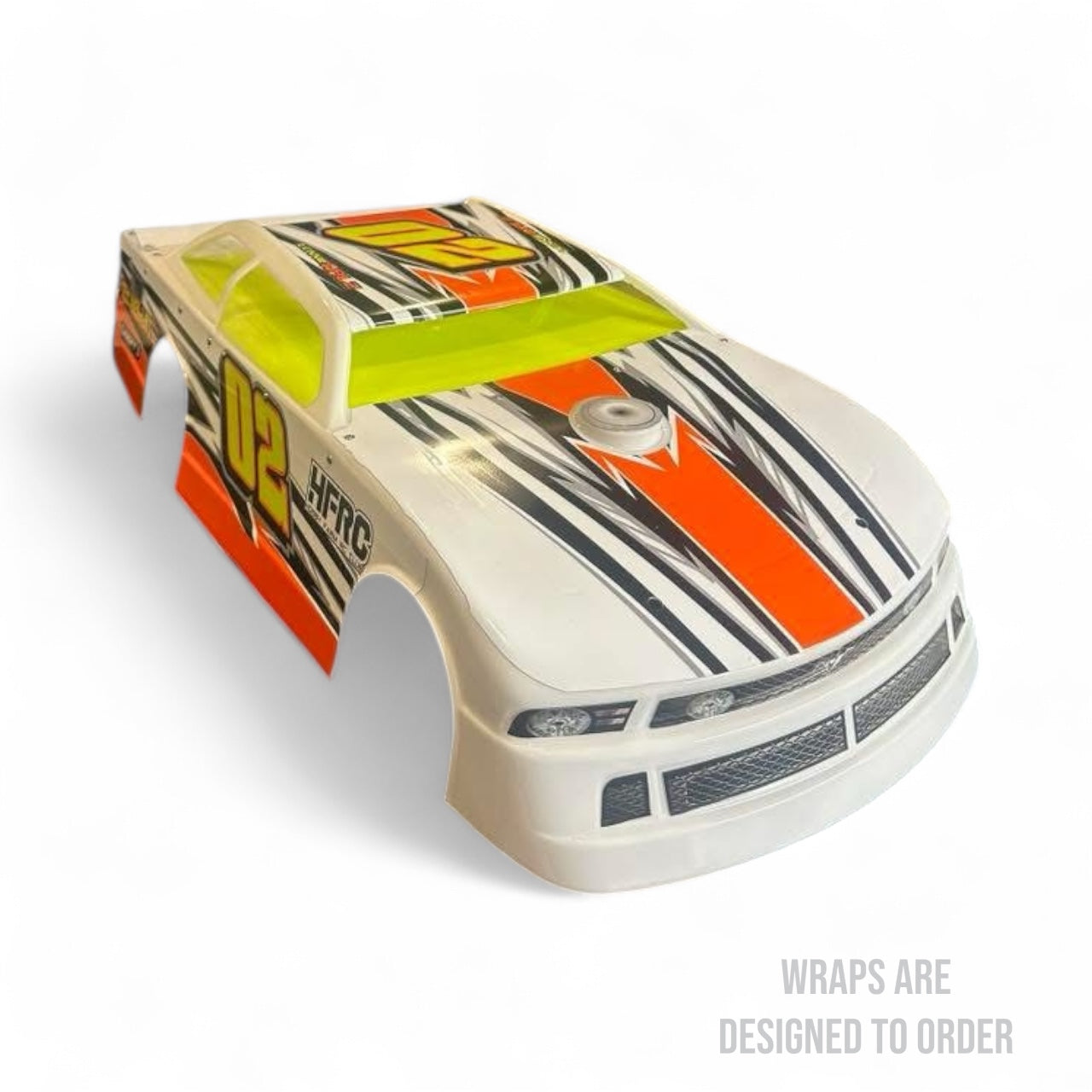 RC car body with orange and black stripes on a white background