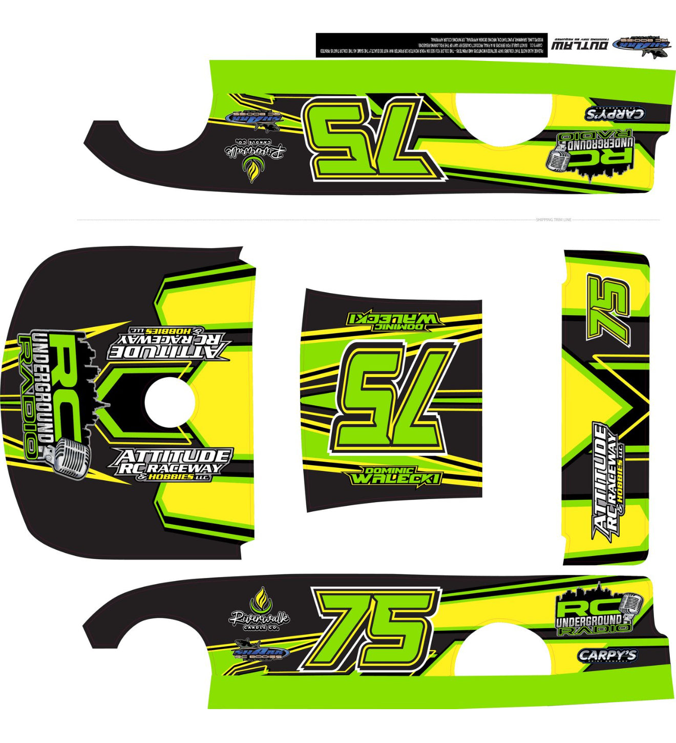 Set of green and black decals with branding on a white background