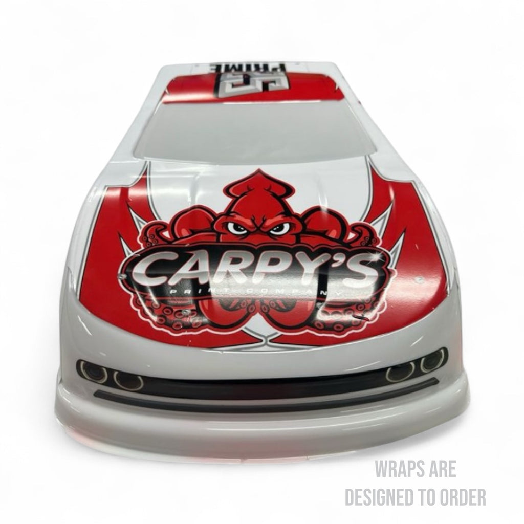 Car body with red and white graphics and 'Carpy's' branding on a white background