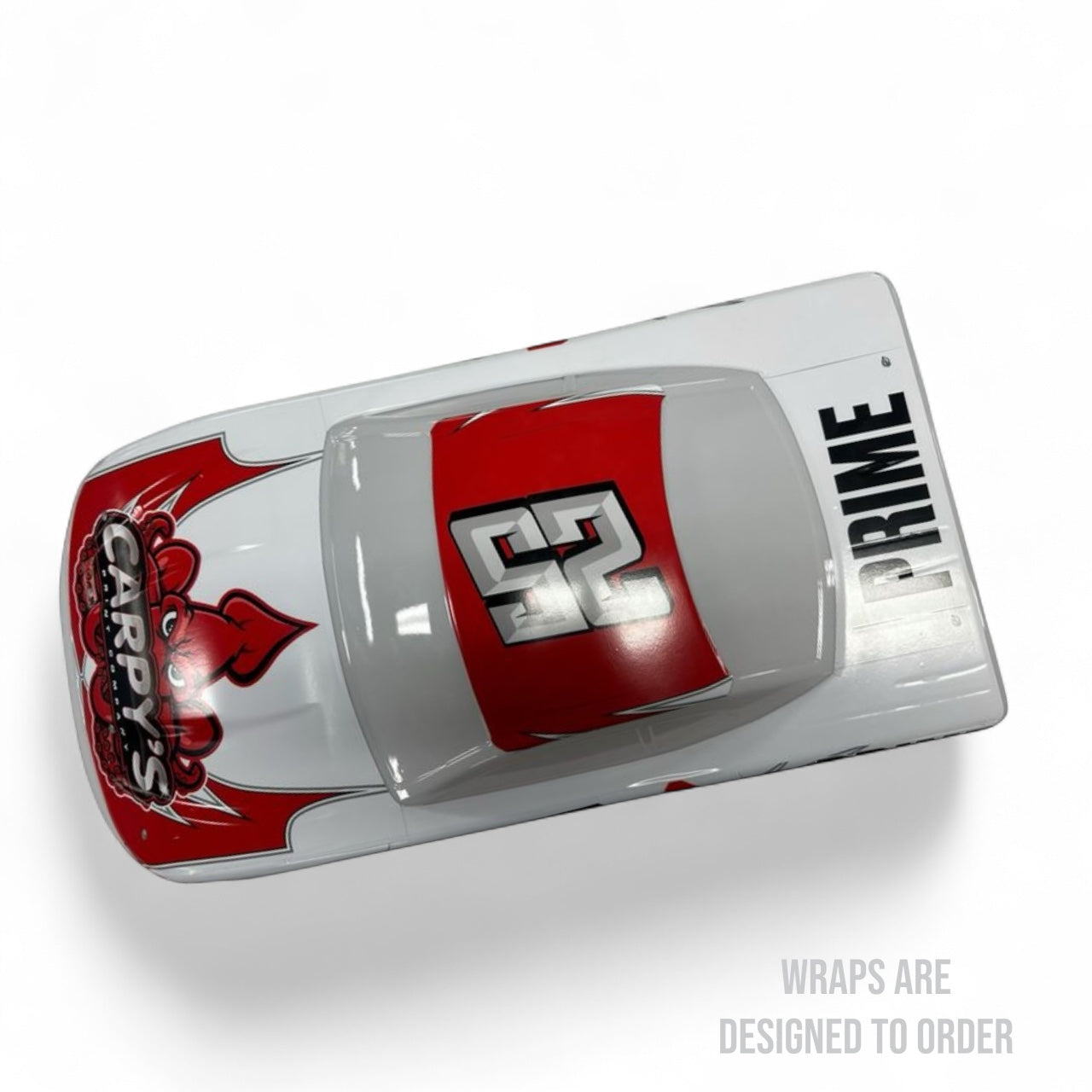 RC car with red and white design on a white background