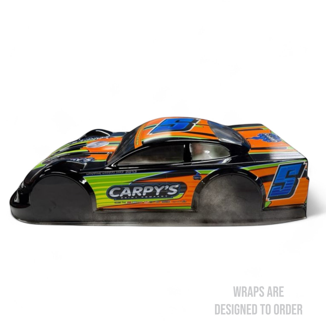 RCcar with colorful design and 'Carpy's' branding on a white background