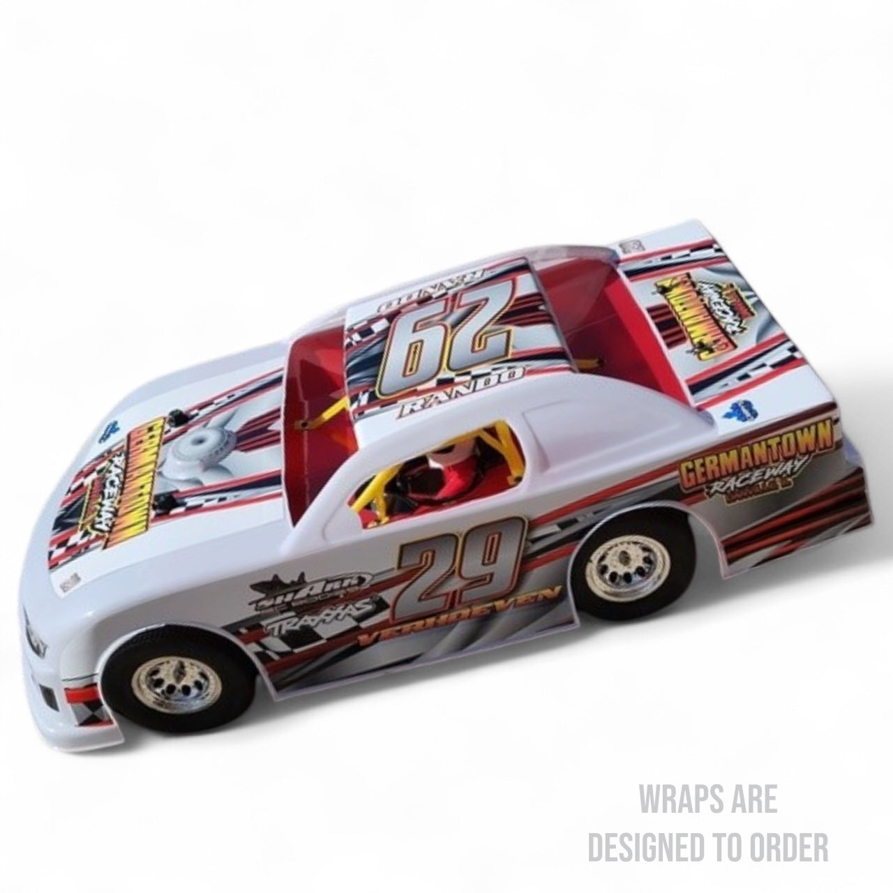 RC race car with detailed graphics on a white background