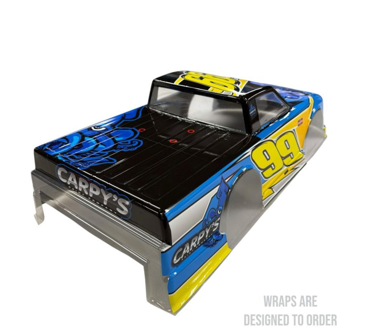 Blue yellow and black RC truck body with the number 99 and Carpy’s branding
