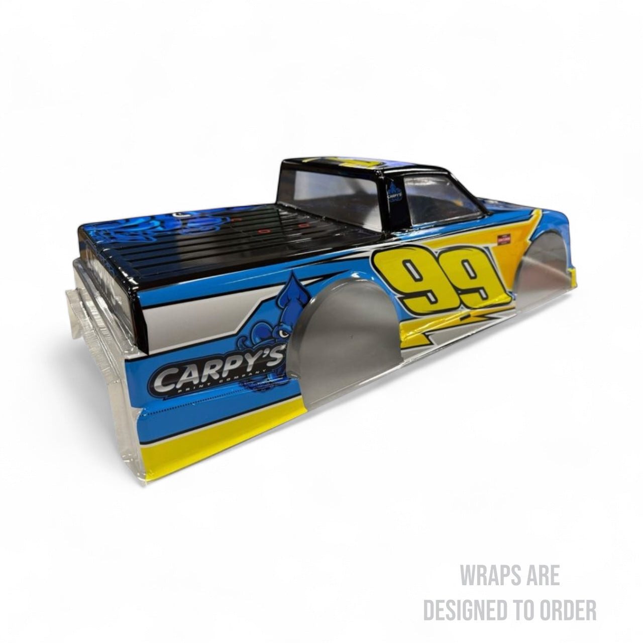 RC truck body with 'Carpy's' branding and number '99' on a white background