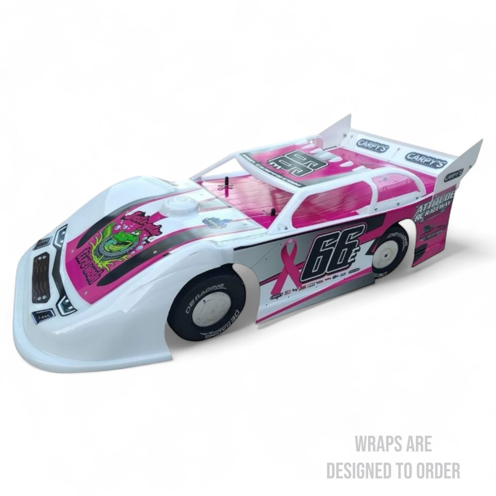RC car with pink and white design on a white background