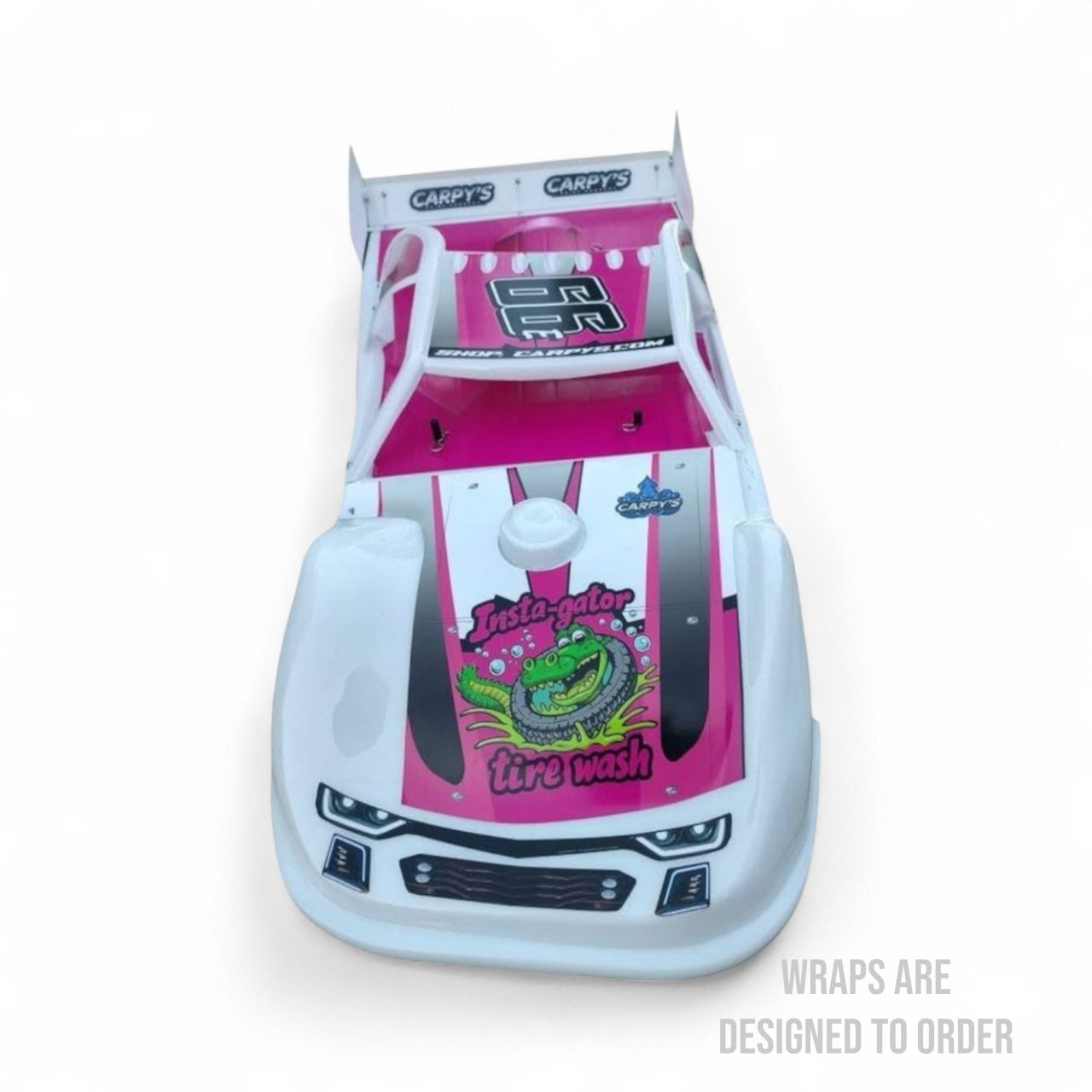Car wrap design with pink and white colors on a white background