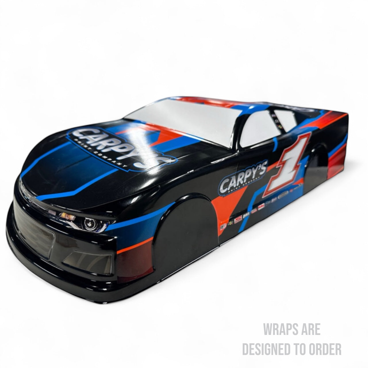 Red blue black wrap design with number one on a white background