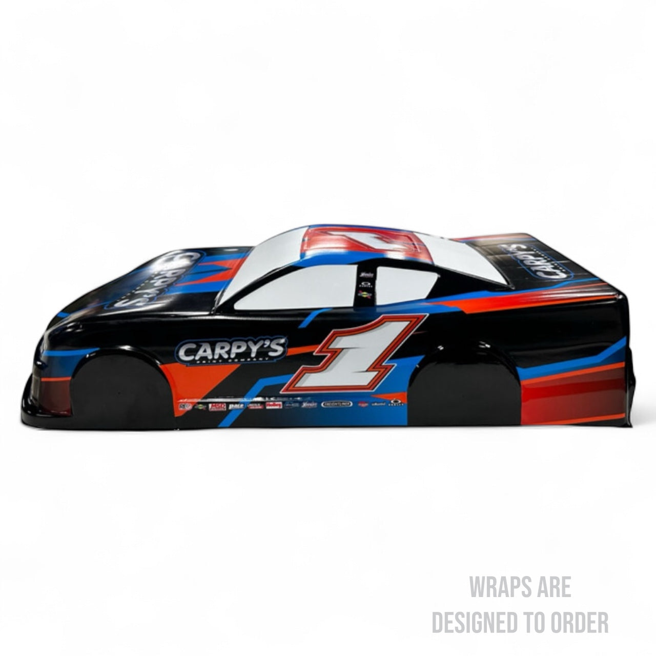 Car body wrap with colorful design and 'Carpy's' branding on a white background