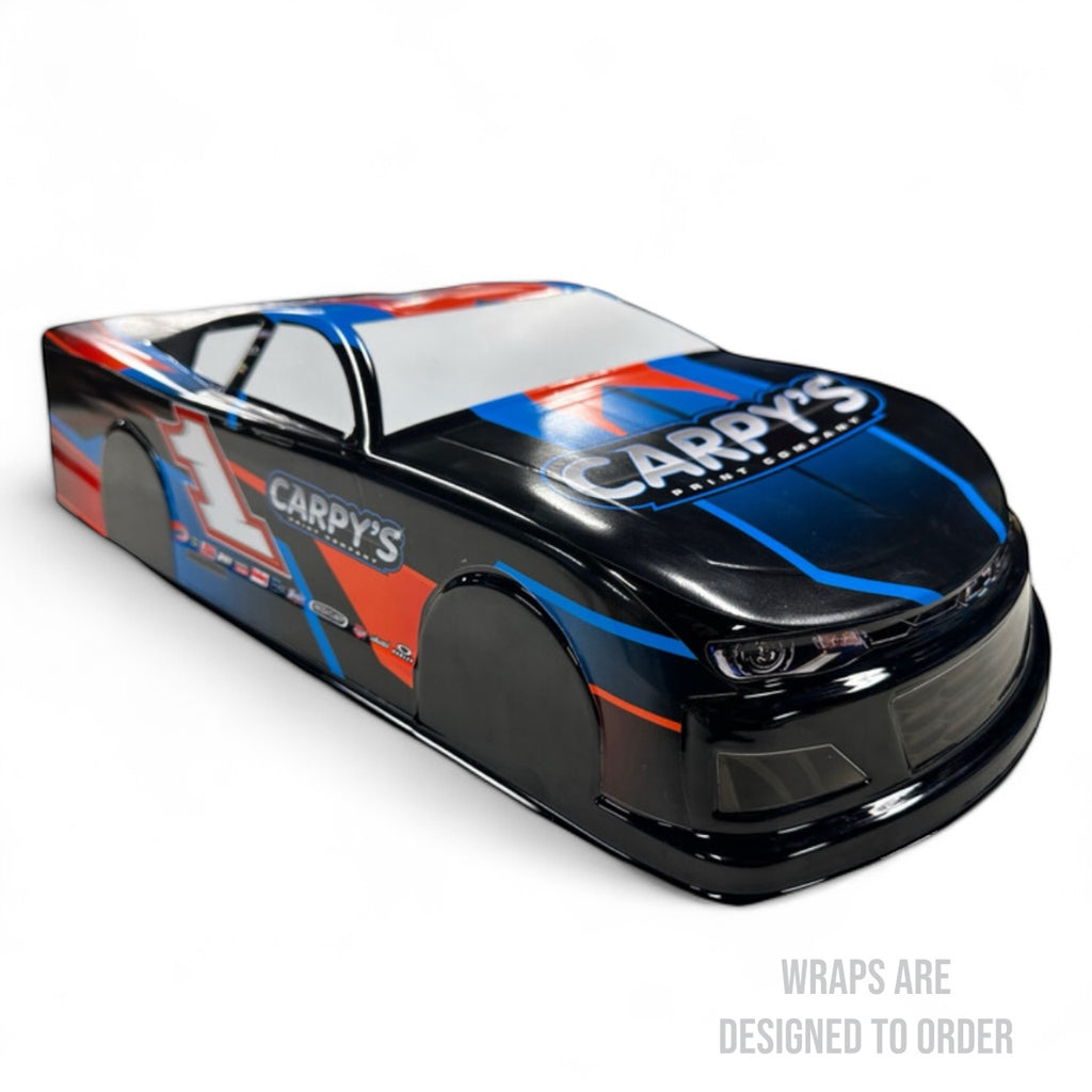 Car with a Carpy's wrap design on a white background