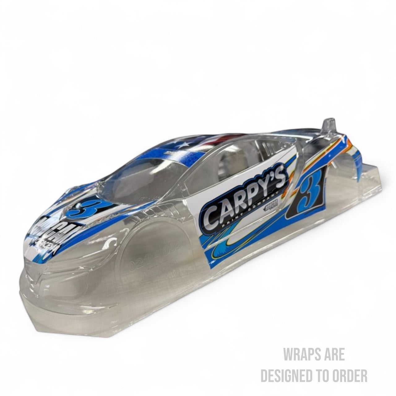Clear car body with blue and white graphics on a white background