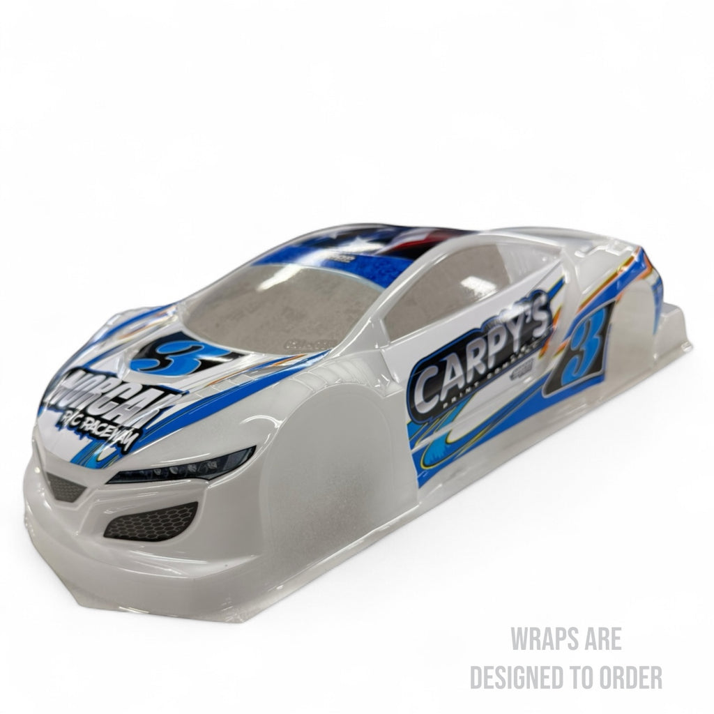 RC car body with blue and white graphics on a white background
