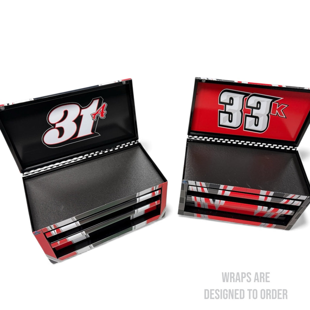 Two open Tool Boxes with racing number designs on a white background