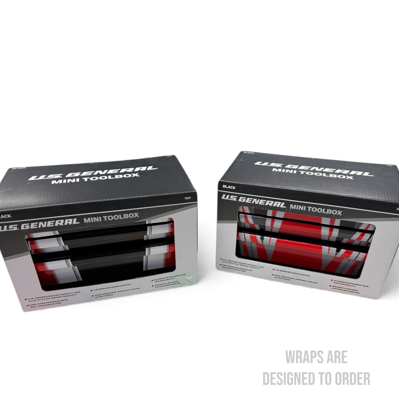 Two US General mini toolbox packaging boxes on a white background