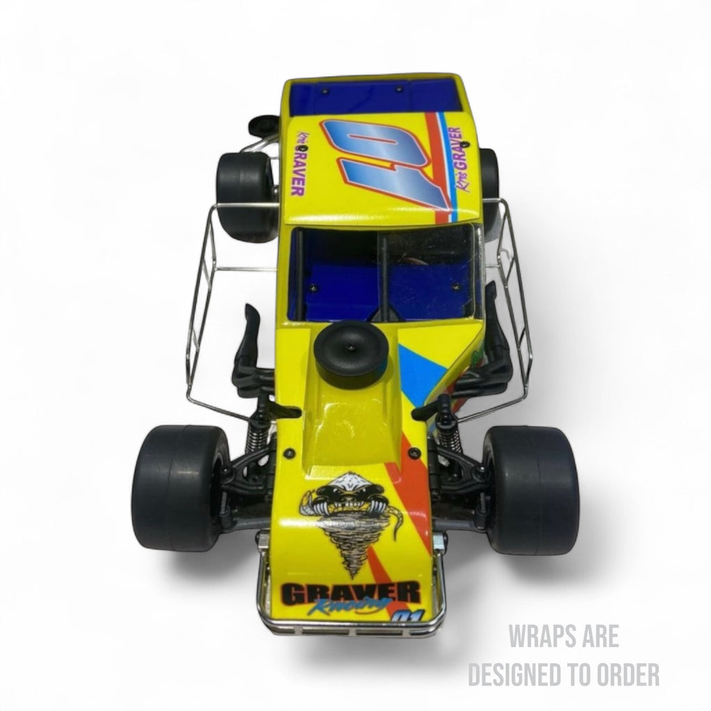 race car with colorful wrap on a white background