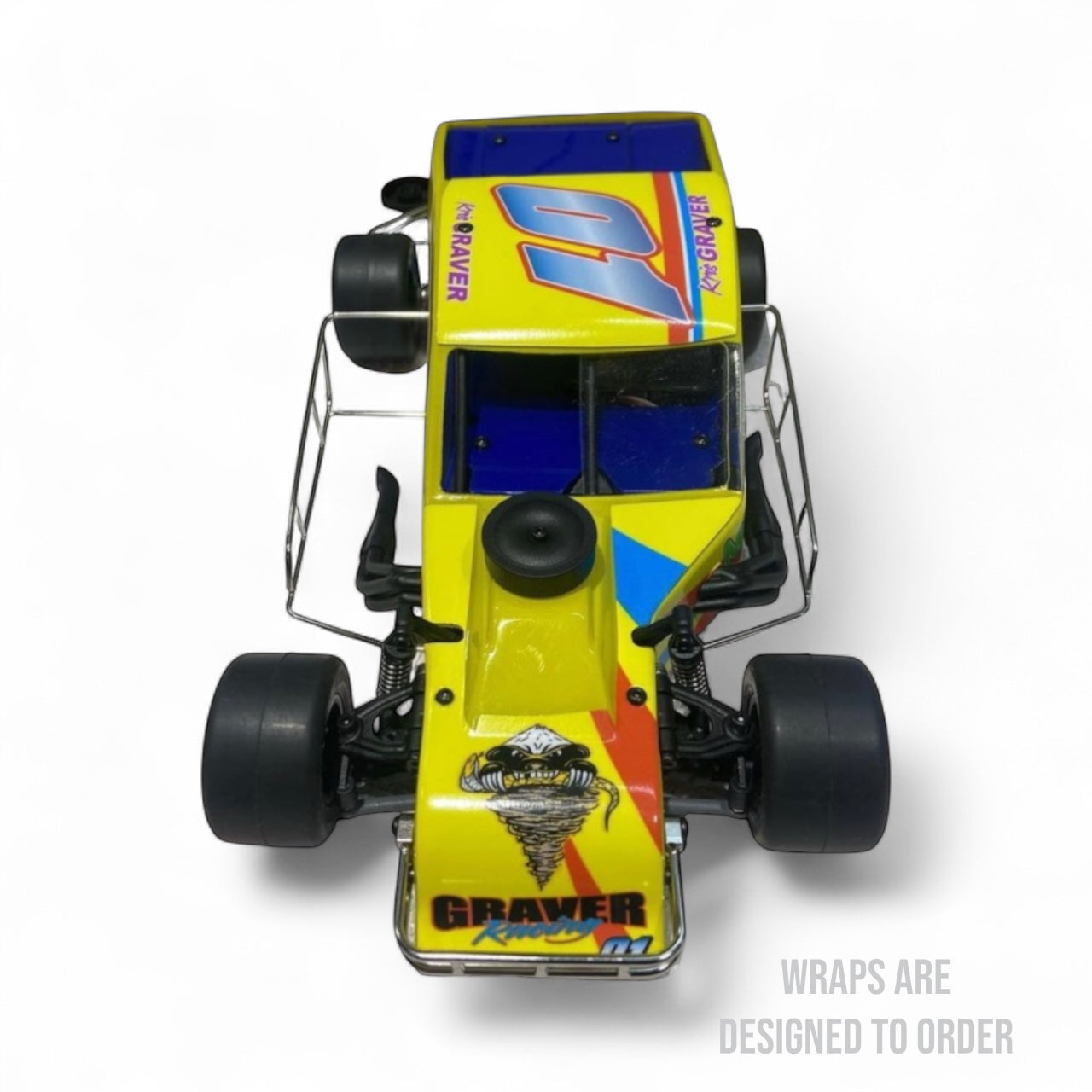 race car with colorful wrap on a white background
