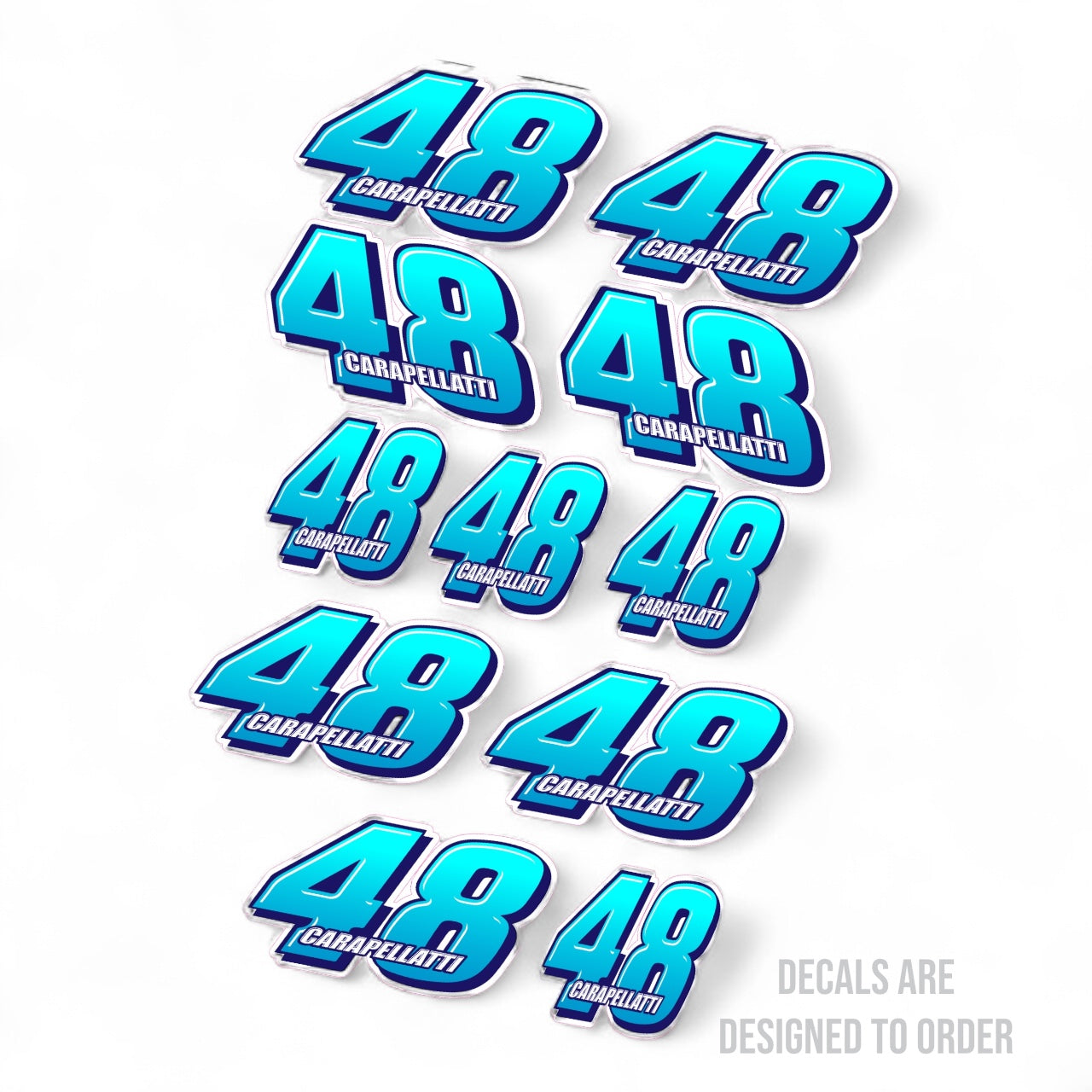 Repeating pattern of blue number '48' with 'Carapellotti' text on a white background