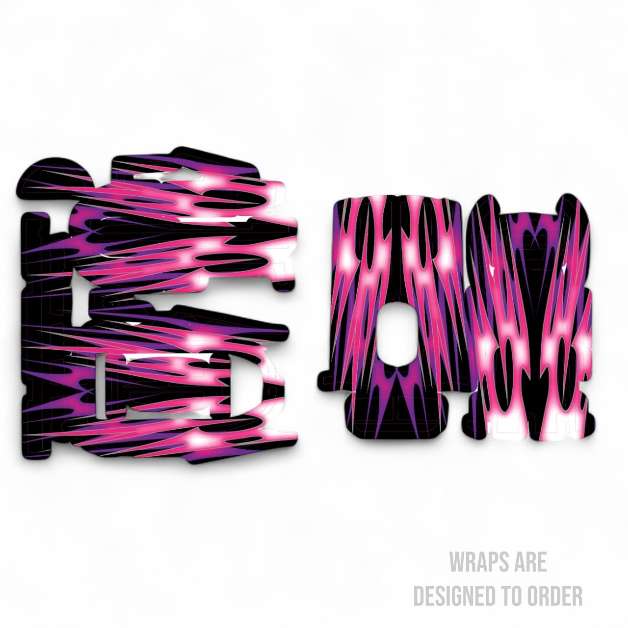 Pink and black zebra patterned radio wraps on a white background