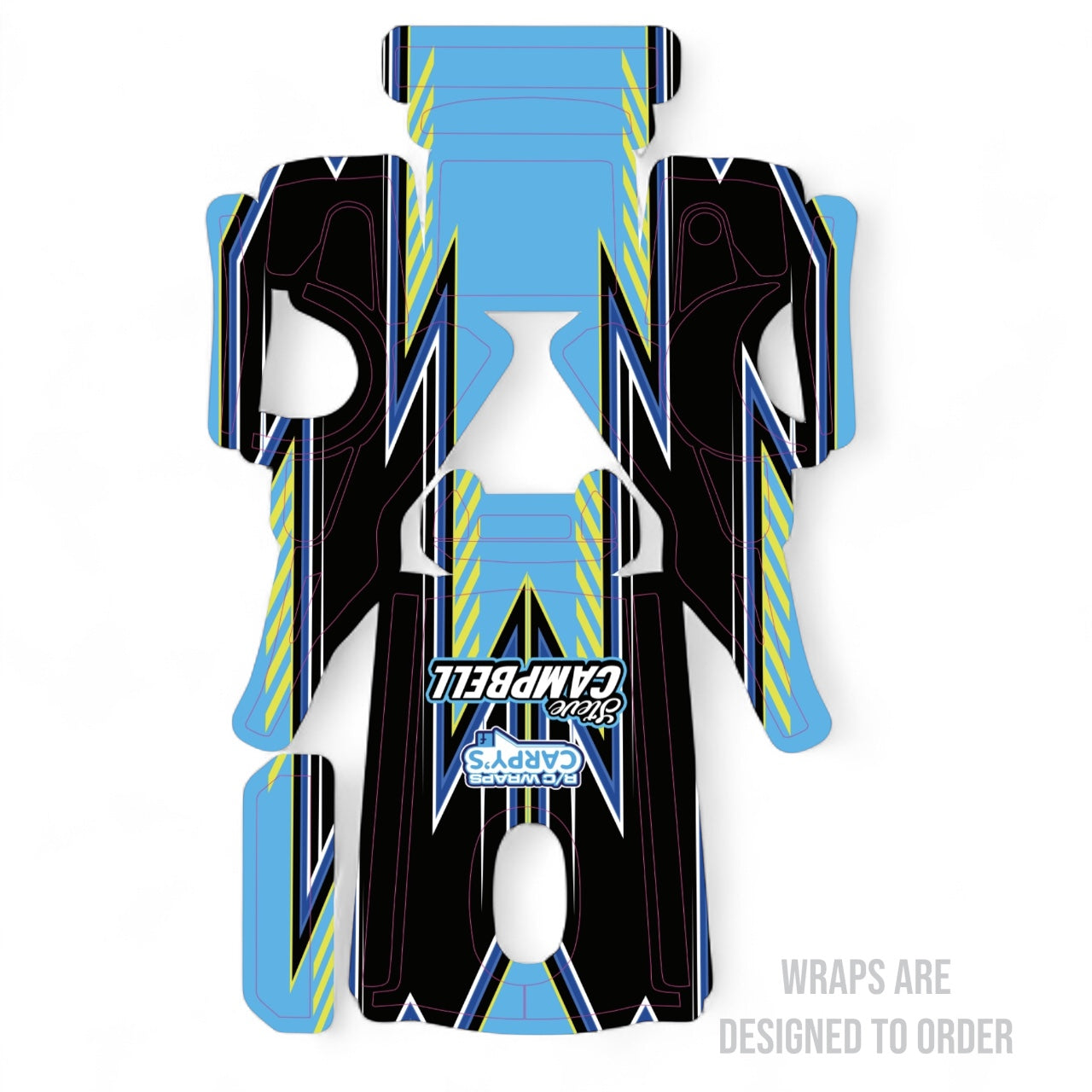 controller wrap design with blue, black, and yellow colors on a white background