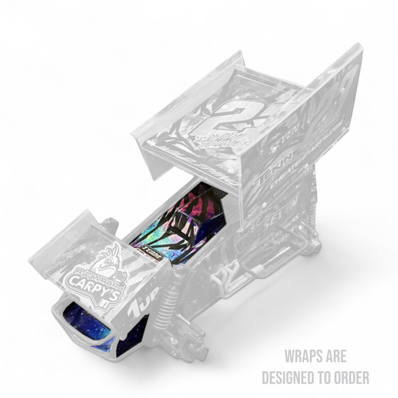 rc sprint car with colorful product inside on a white background