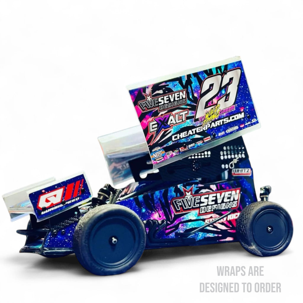 Colorful RC car with branding and text on a white background