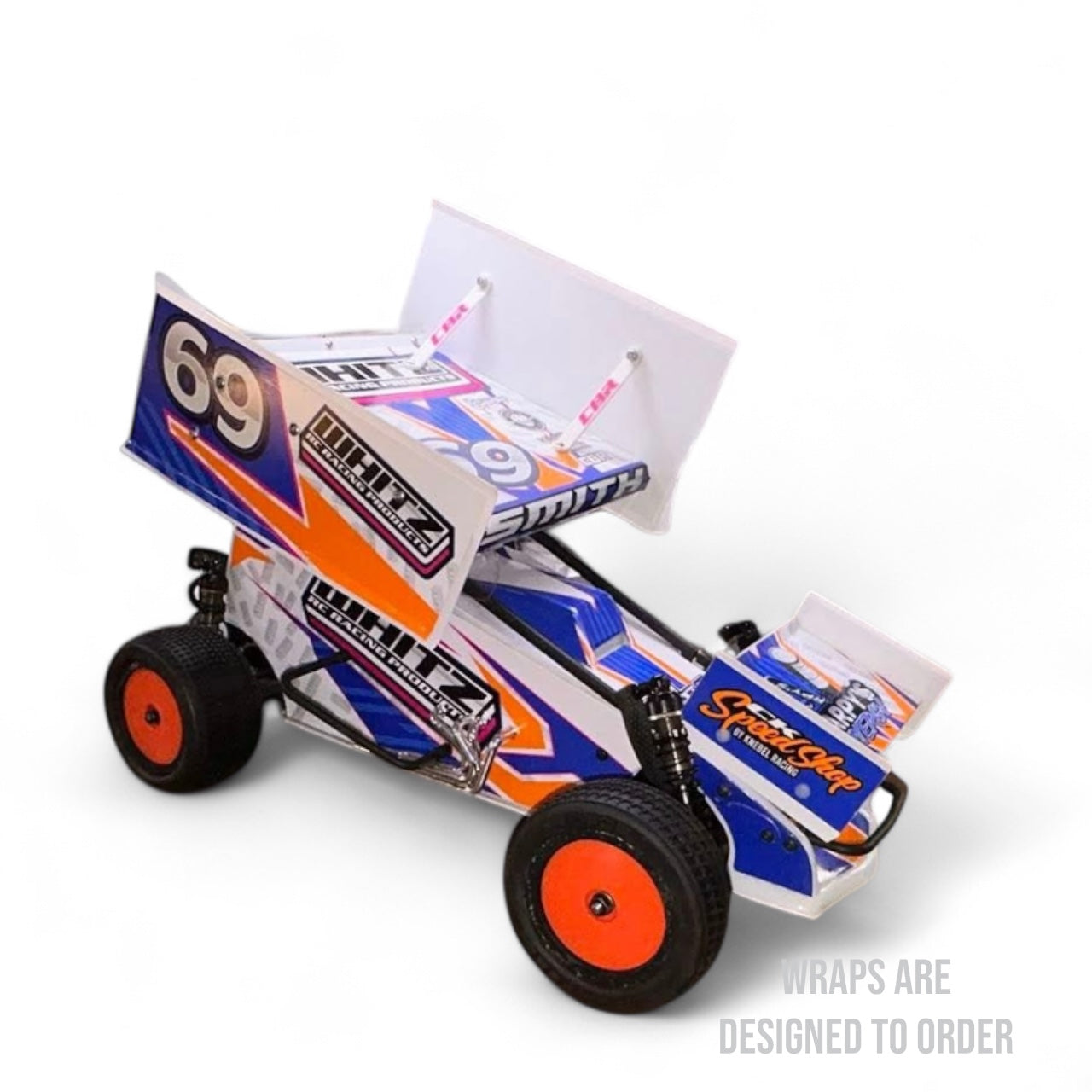 race car with branding on a white background
