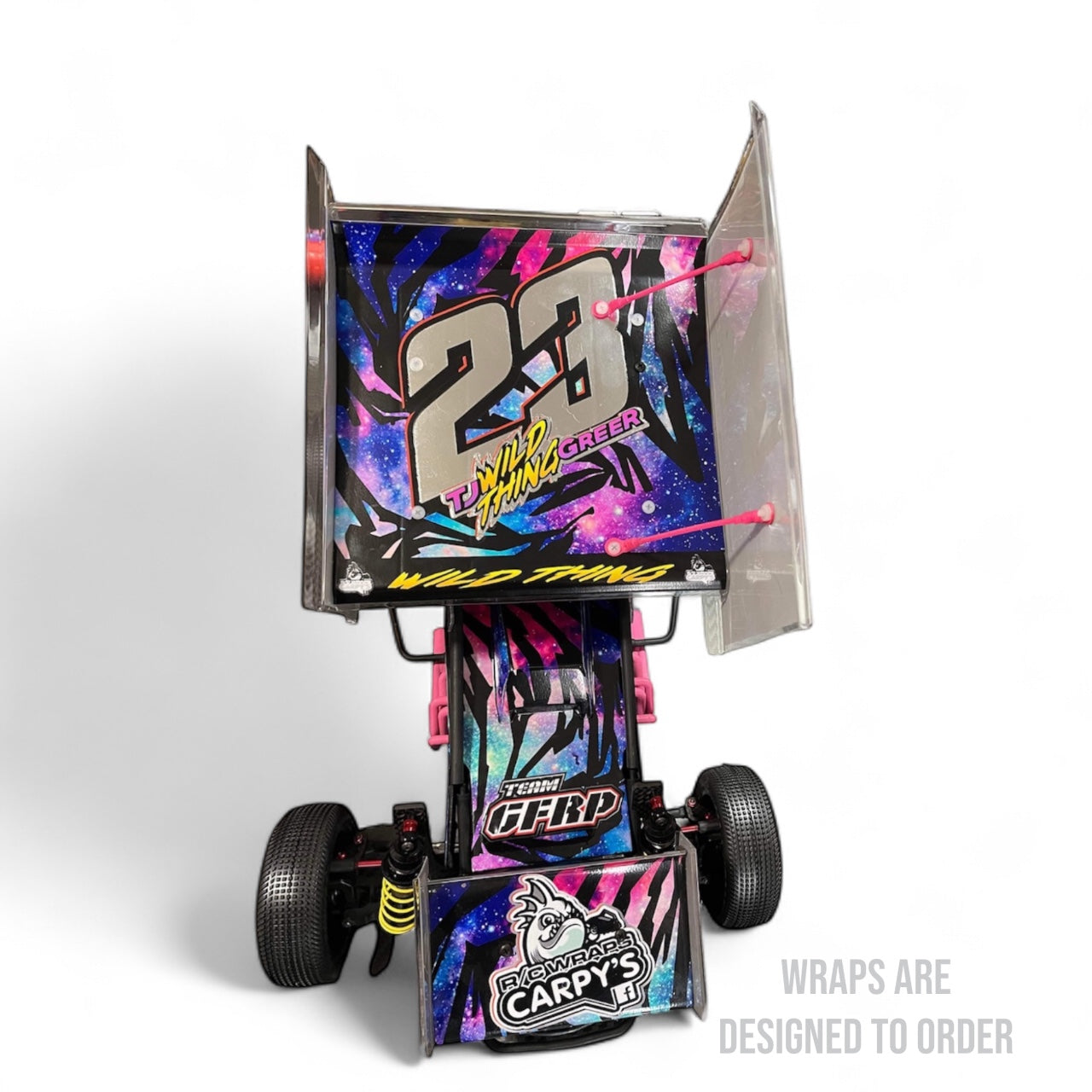 Colorful sprint car with custom graphics and text on a white background