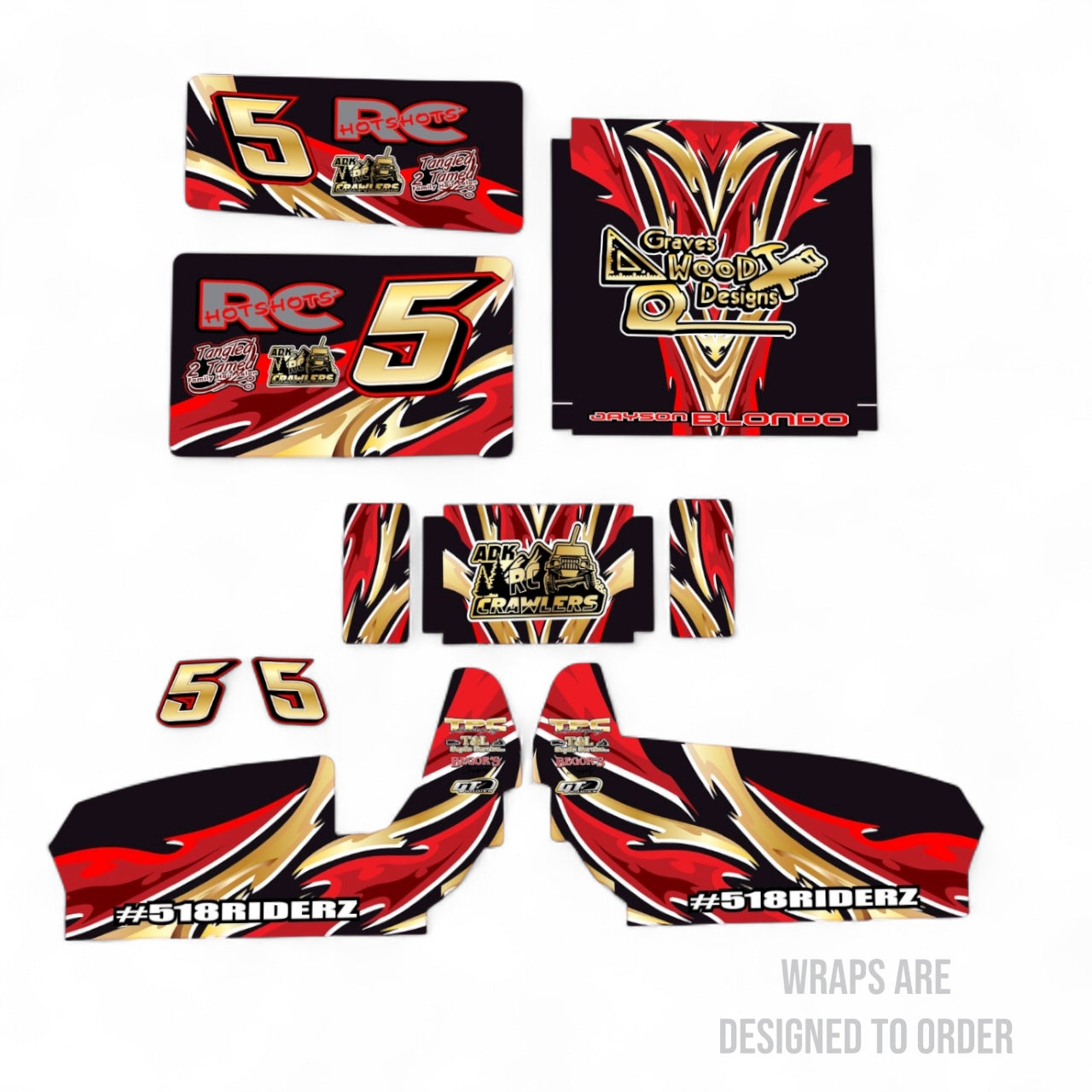 Set of racing decals with red, black, and gold design on a white background