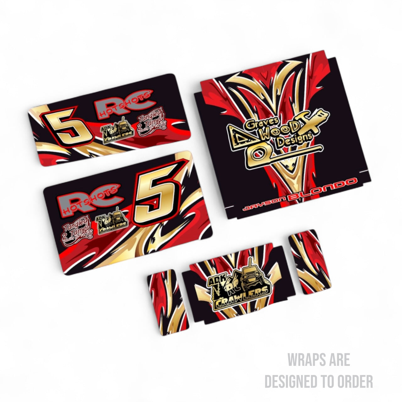 Five customizable car wraps with logos on a white background