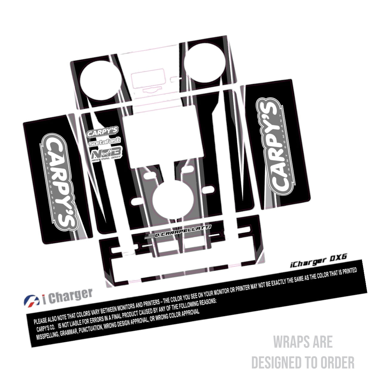 Black and white icharger wrap design with Carpy's branding on a white background