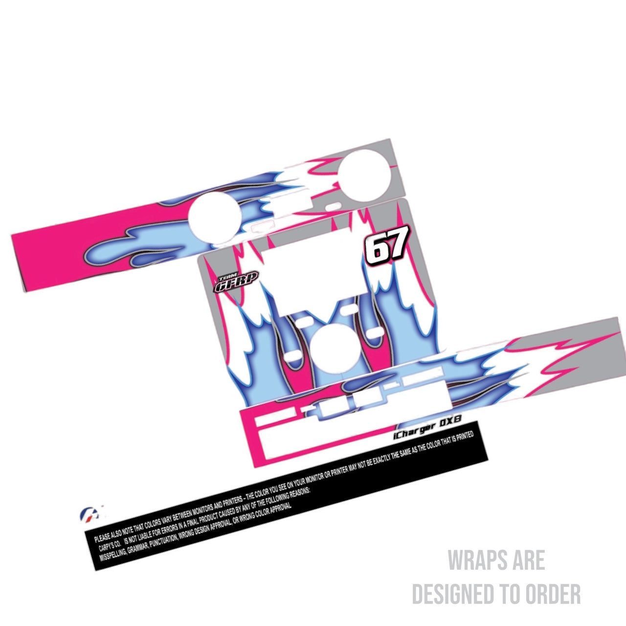Colorful charger wrap design with number 67 on a white background