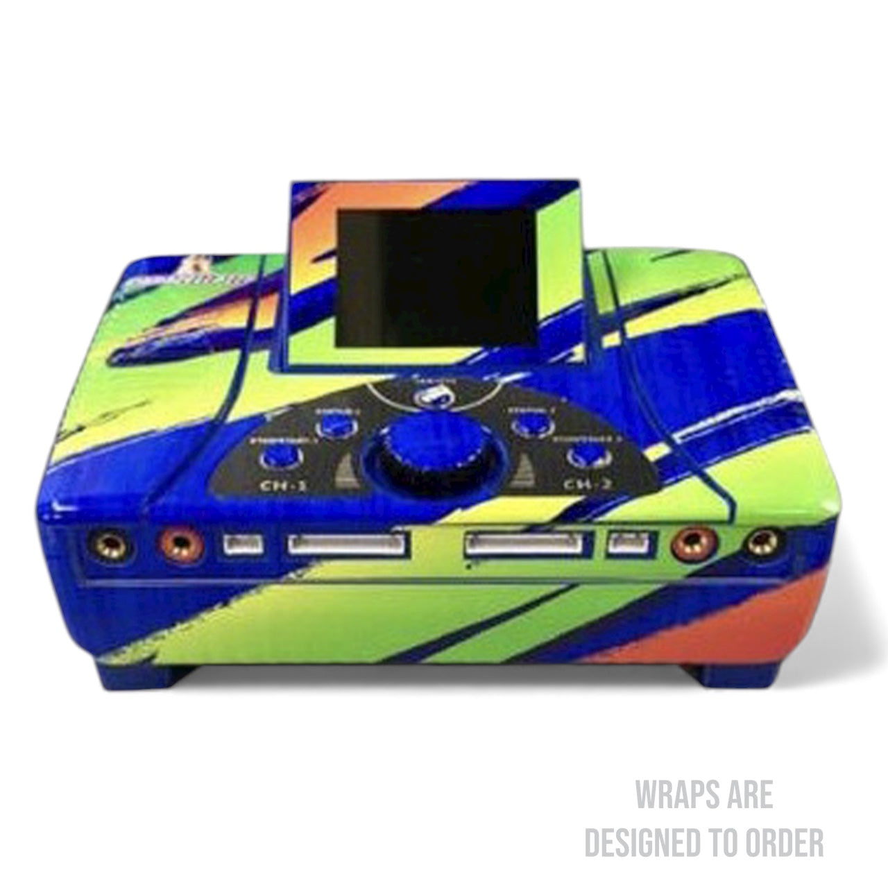 Colorful electronic device with a stylized design on a white background
