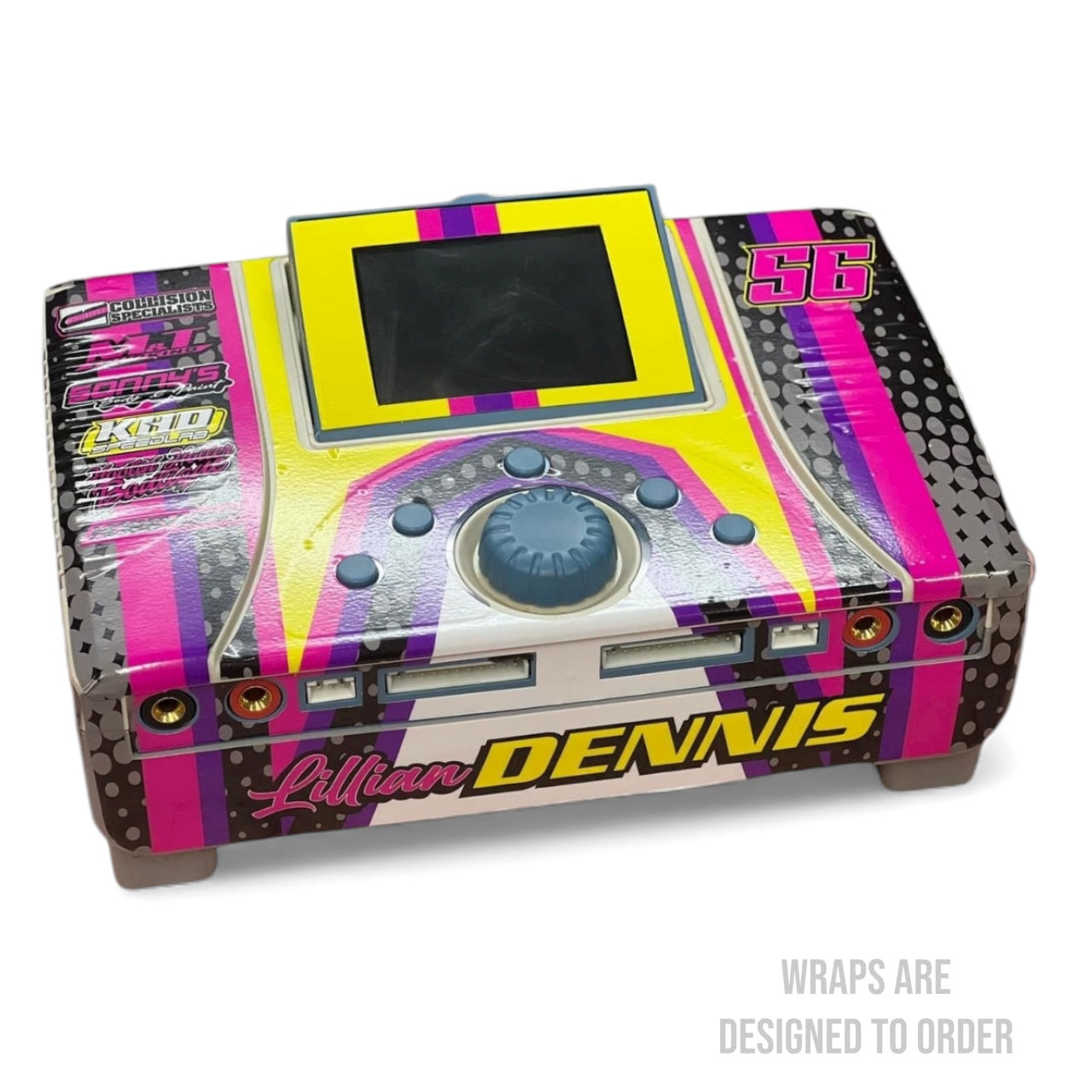 Colorful charging device with 'Dennis' branding on a white background