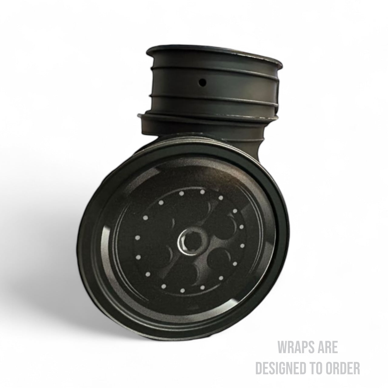 Black wheel rim on a white background with text 'WRAPS ARE DESIGNED TO ORDER'.