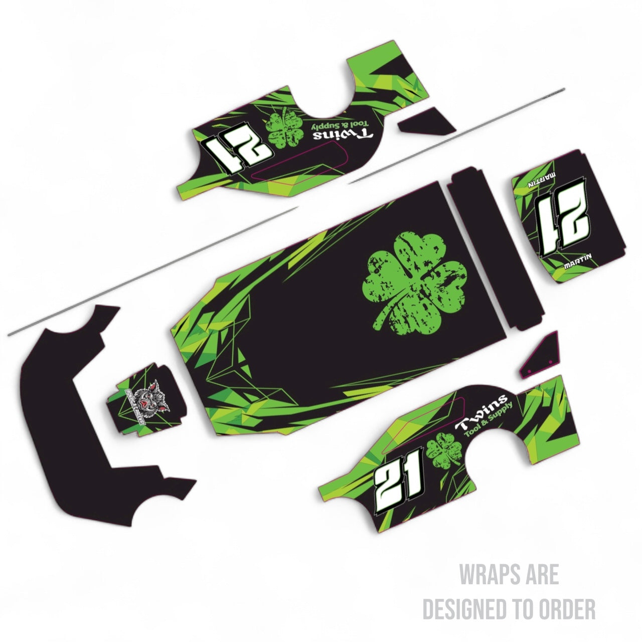 RC  wrap design with green and black graphics on a white background