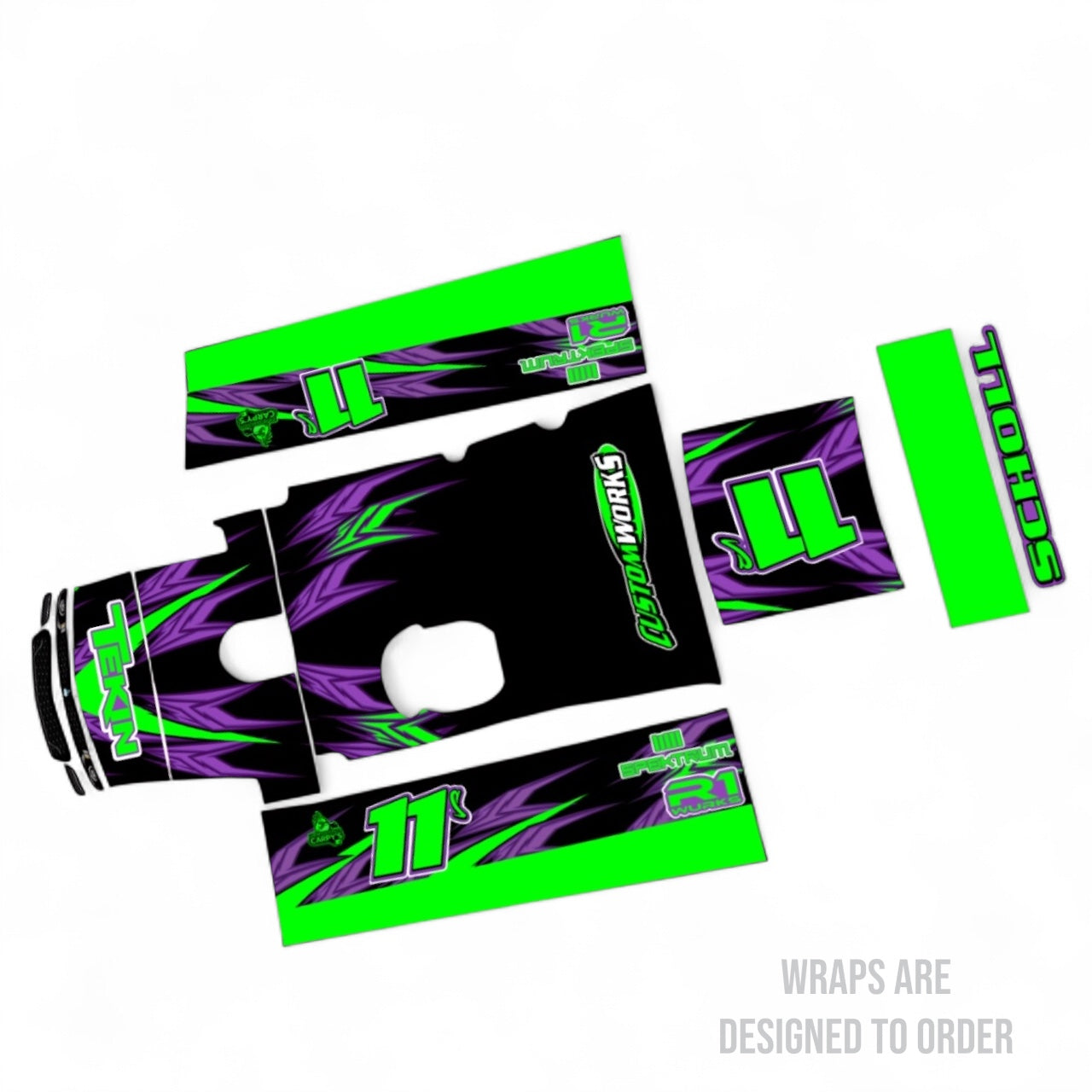 wrap layout with green and purple design, on a white background