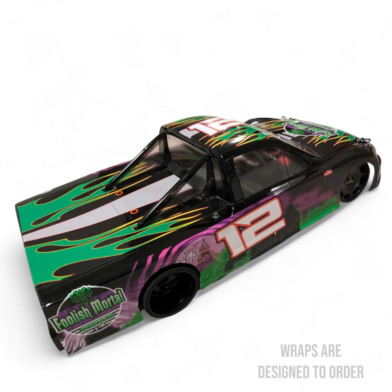 RCcar with colorful design and number 12 on a white background