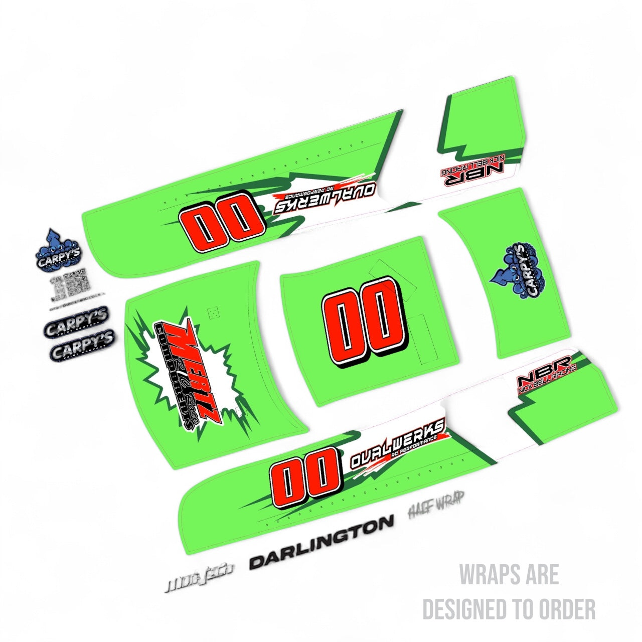Green racing decals with various logos on a white background
