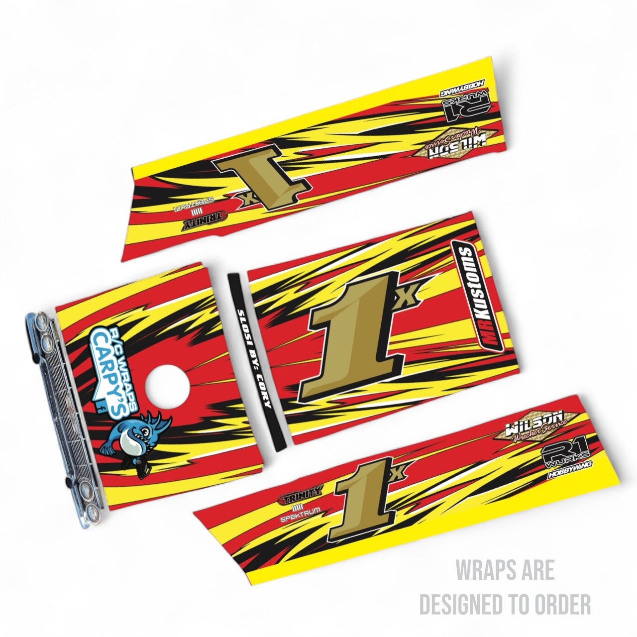 rc car wrap mockup with yellow and red zig zags