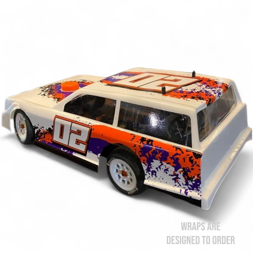 white race car  with orange and purple graphics