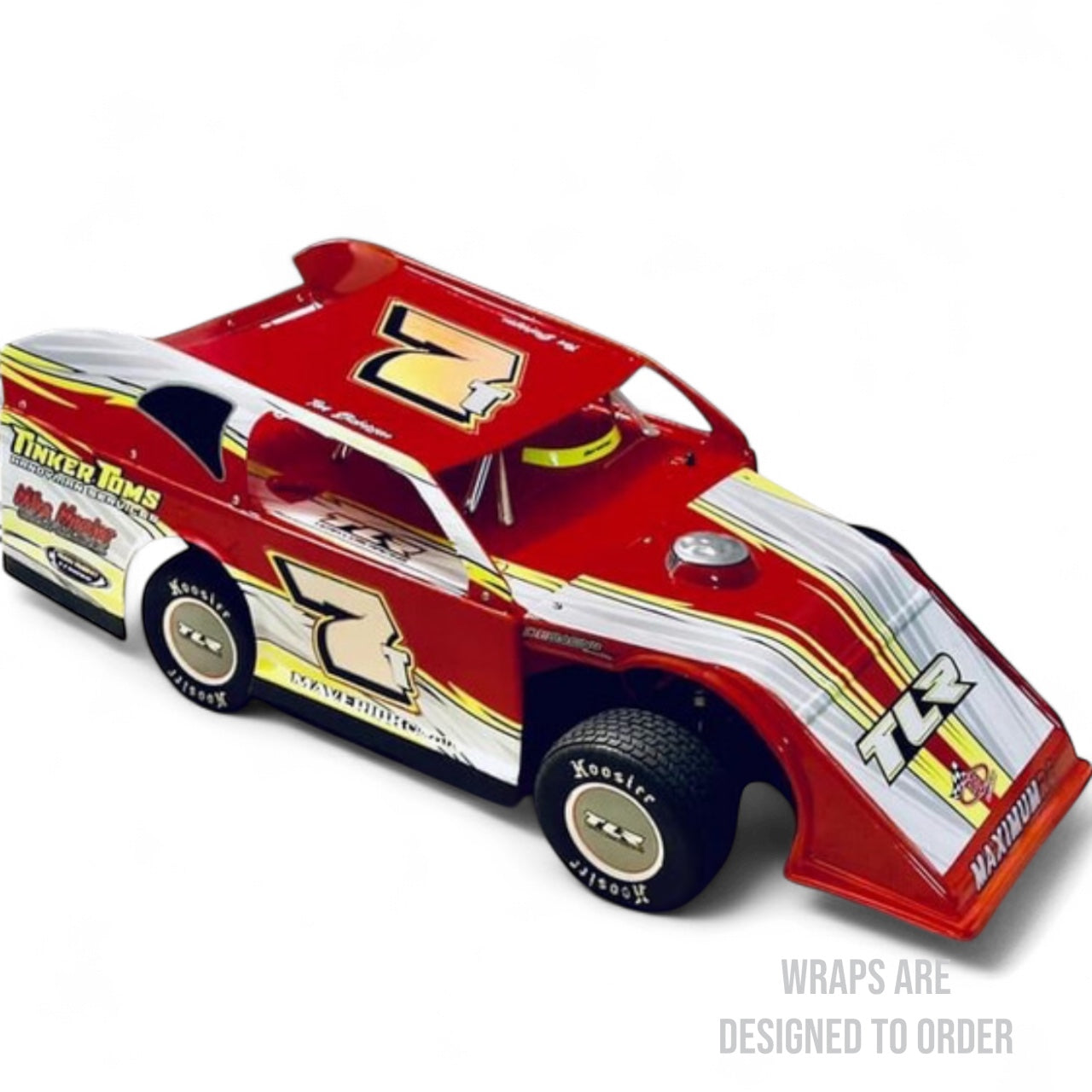 Red and white RC car with racing decals on a white background